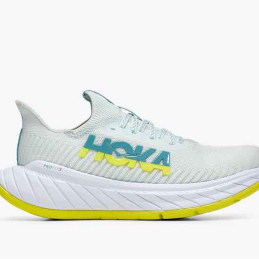 EUC Hoka Carbon X White and Lime Athletic Sneakers